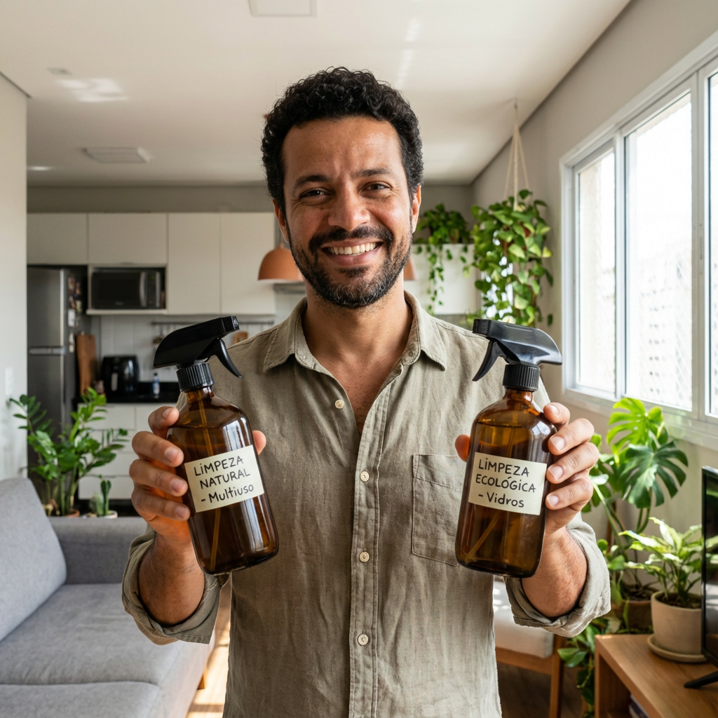 Carlos Mendes com produtos de limpeza